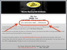 Dinner Detective Gift Certificate Sample