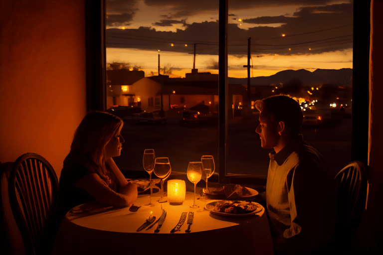 A couple is seated at a candlelit dinner table by a window during sunset. The dim lighting creates a warm, intimate atmosphere. They have wine glasses and plates of food in front of them. Outside, orange hues light up the sky.