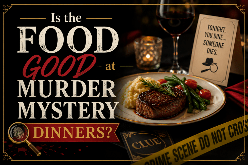 A steak dinner with green beans and mashed potatoes sits on a table with wine, a candle, and a card reading Tonight, you dine... someone dies. Yellow crime scene tape and a clue card add a murder mystery theme. Text asks about murder mystery dinner food.