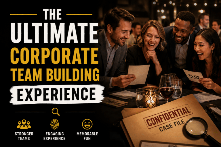 A group of four professionally dressed adults smile and read clues at a table during a corporate team-building event; a large folder labeled Confidential Case File sits in the foreground. Bold text promotes the event’s benefits.