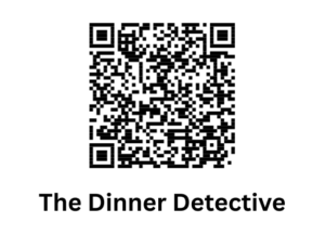 A black-and-white QR code is centered above the text The Dinner Detective on a white background.