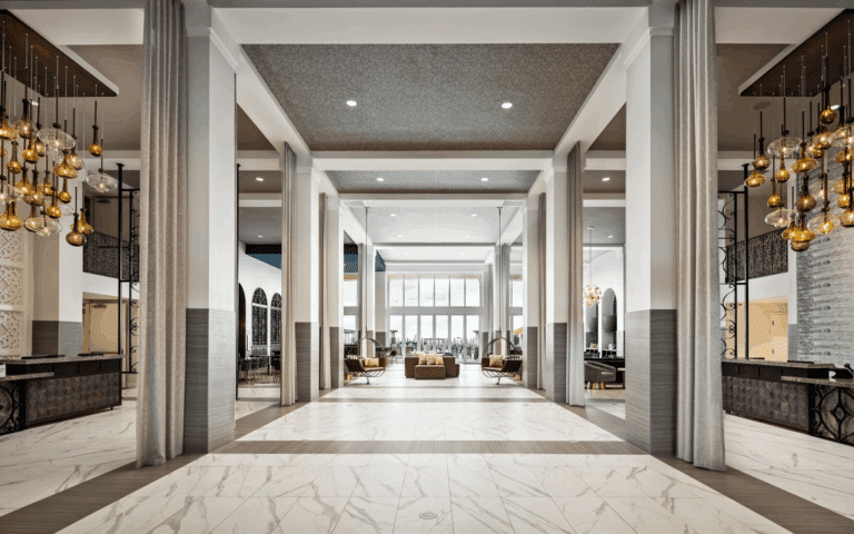 Elegant lobby of The Cassara Carlsbad, the venue for The Dinner Detective interactive murder mystery dinner show.