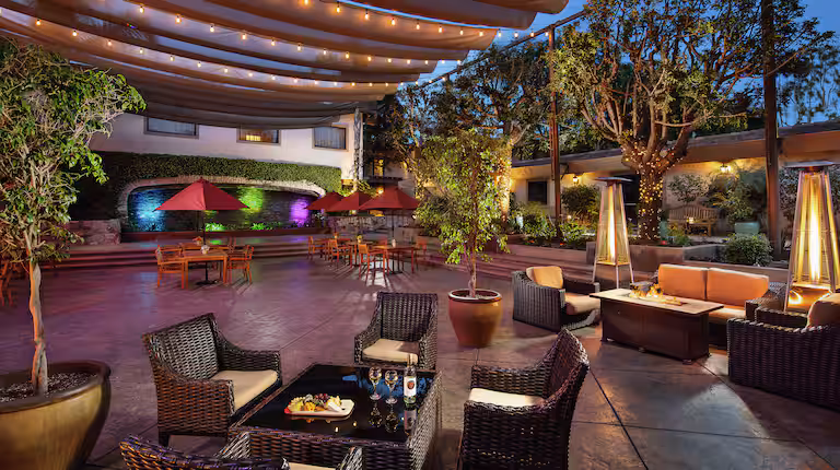 A stylish outdoor patio with wicker seating, tables, potted plants, string lights overhead, and colorful lights illuminating a wall. There are umbrellas, heaters, and cozy lounge areas for relaxing or dining.