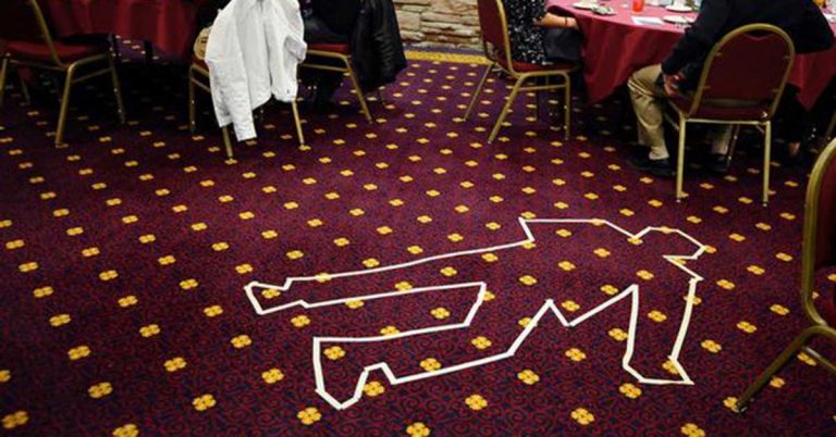 Body Outline On Floor With Tables | Murder Mystery Dinner Shows In Green Bay | The Dinner Detective