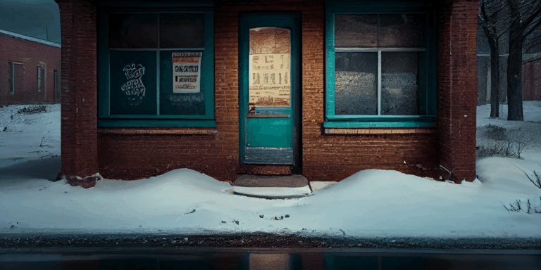 An old brick building with a teal door and windows sits amid snowdrifts. Posters cover the glass, and the windows are frosted. Bare trees and another building are visible in the wintry background.