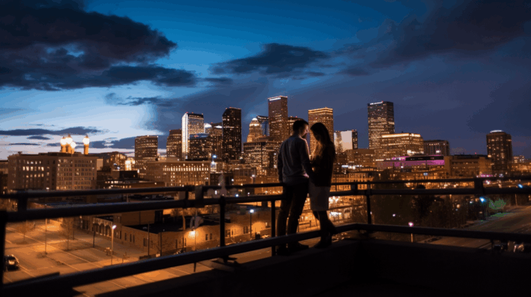 A couple stands close together on a rooftop at dusk, silhouetted against a brightly lit city skyline with tall buildings and a deep blue evening sky.