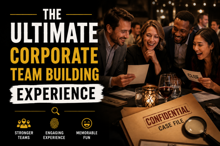 Four colleagues sit at a table, laughing and looking at papers, with a Confidential Case File in the foreground. Text reads: The Ultimate Corporate Team Building Experience. Icons highlight team building benefits.
