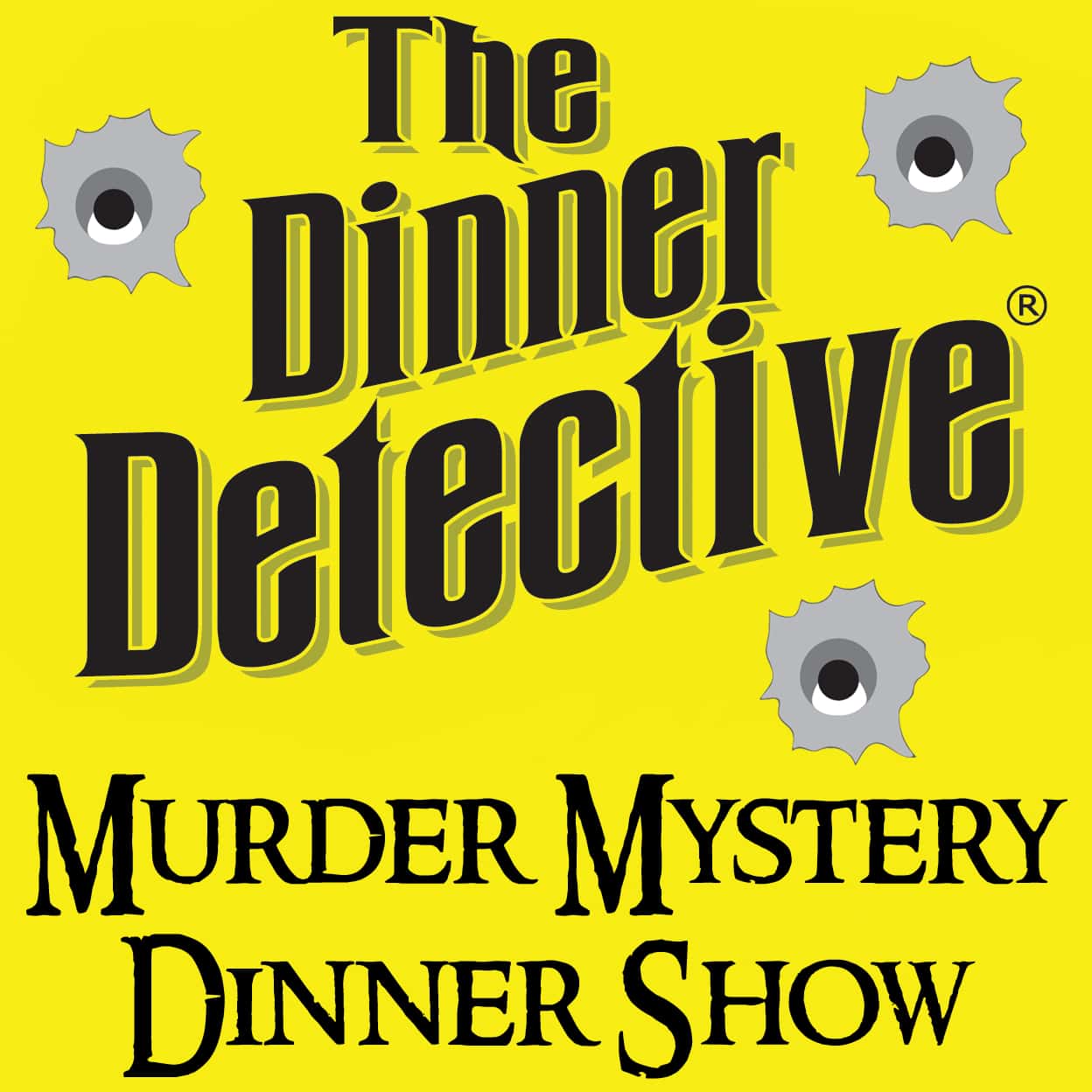 Logo of The Dinner Detective with bullet holes on a yellow background