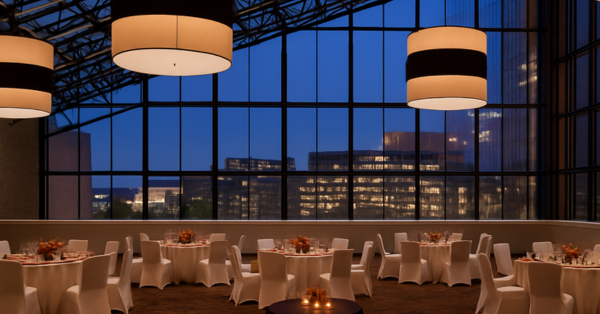 A spacious banquet hall with round tables covered in white cloths, arranged for an event. Large pendant lights hang from the ceiling, and floor-to-ceiling windows reveal city buildings at dusk.