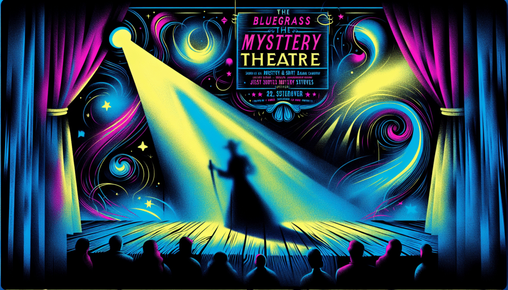 Colorful theatre poster featuring a silhouetted figure under a spotlight on stage. Vibrant swirls of pink, blue, and yellow surround them. Text at top reads The Bluegrass Mystery Theatre, with event details. Audience in silhouette at the bottom.
