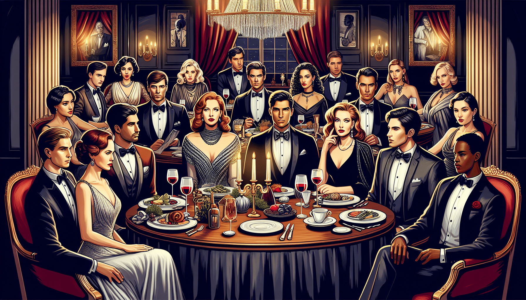 A group of elegantly dressed people in tuxedos and evening gowns sit around a lavish dining table with candles, fine china, and wine glasses. The sophisticated, opulent atmosphere in the grand room sets the stage for an intriguing Murder Mystery Dinner Show under glittering chandeliers.