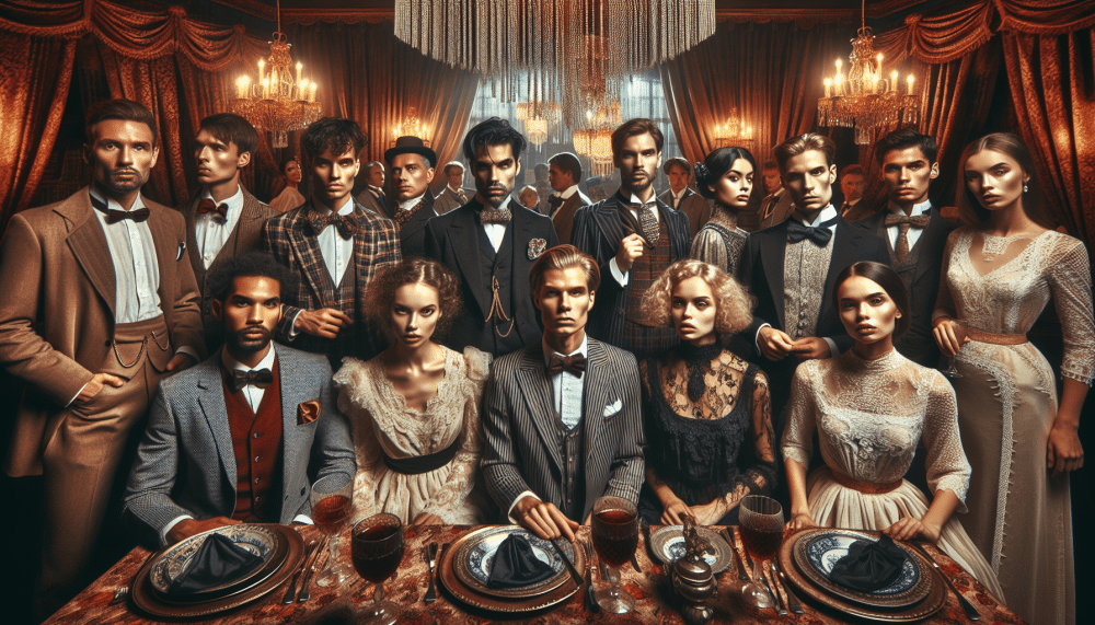 A group of elegantly dressed men and women pose in a lavish room with chandeliers and rich drapery. The men wear formal suits and bow ties, while the women wear stylish, vintage dresses. They stand and sit around a table set with fine dinnerware.