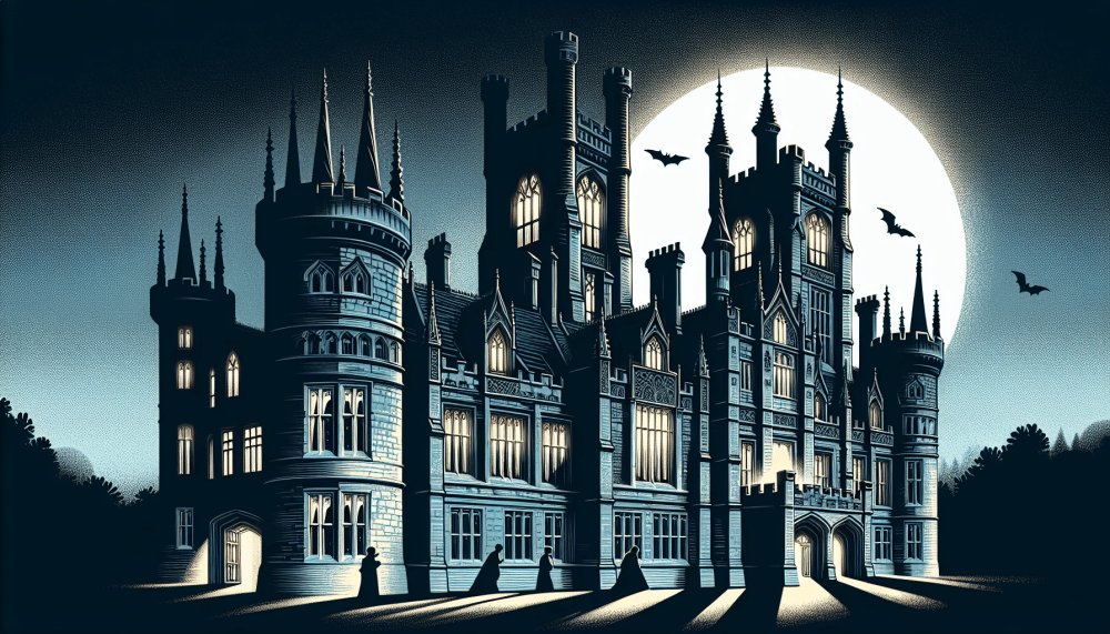A large, gothic castle with tall spires and illuminated windows stands under a full moon. Bats fly around the towers, casting shadows on the castles walls. The scene has a mysterious, eerie atmosphere.