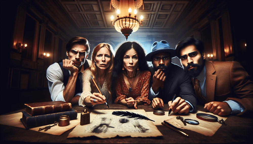 A group of five people, dressed in period clothing, gather around a dimly lit table with old manuscripts, a quill, books, and a magnifying glass, in a vintage room with a large chandelier. They appear focused and contemplative.