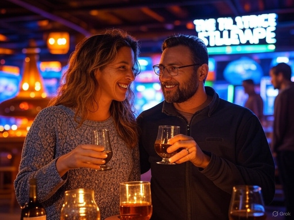 A man and woman share a warm smile over drinks in a softly lit bar, their surroundings blurred by the cozy ambiance. Discover more romantic things to do in Lexington for couples, like visiting the enchanting Kentucky Horse Park for some horseback riding adventure.