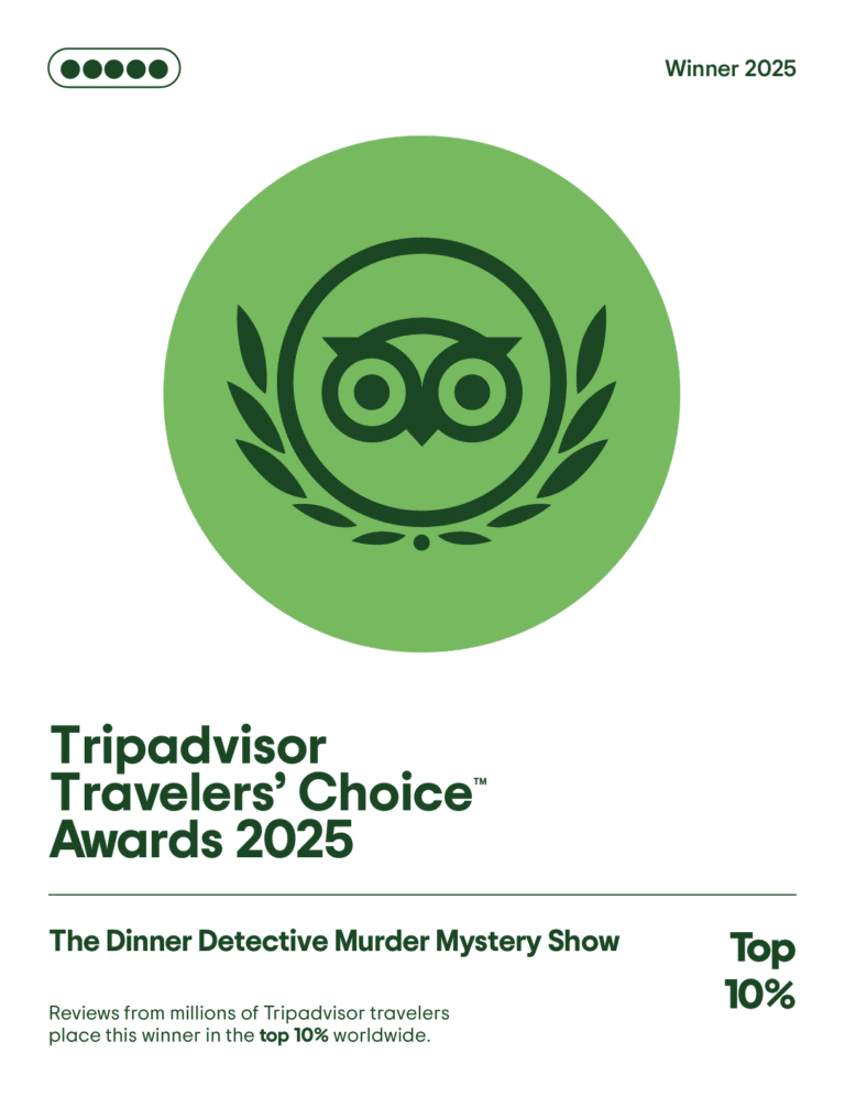 Tripadvisor Travelers’ Choice 2025 award badge earned by The Dinner Detective Interactive Murder Mystery Show for ranking in the top 10% of attractions globally
