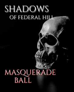 Skull graphic promoting the Shadows of Federal Hill Halloween masquerade ball