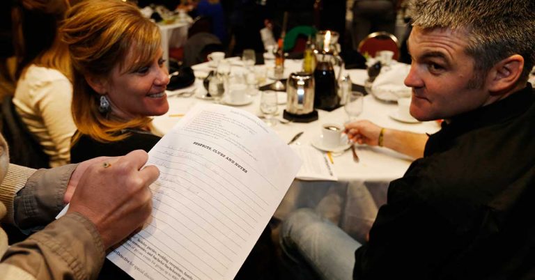 Murder mystery event guests interrogating with clues
