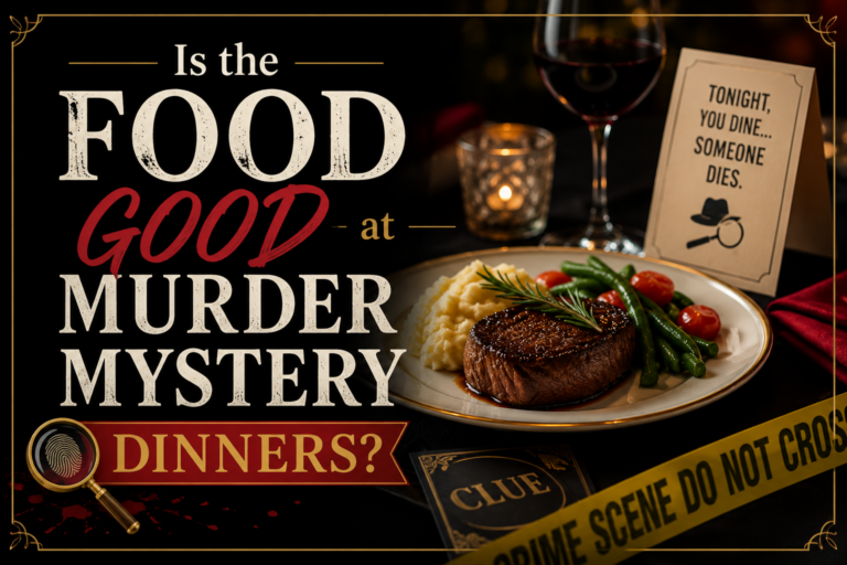 A steak dinner with green beans and mashed potatoes sits on a table with wine, candlelight, a Clue card, and crime scene tape. Text reads: Is the FOOD GOOD at MURDER MYSTERY DINNERS? Tonight, you dine... Someone dies.