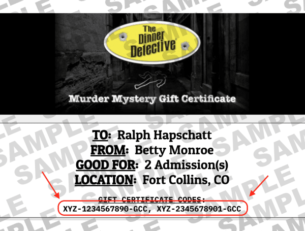 Murder mystery gift certificate titled "The Dinner Detective," for Ralph Hapschatt from Betty Monroe. Valid for 2 admissions in Fort Collins, CO. Includes gift certificate codes.