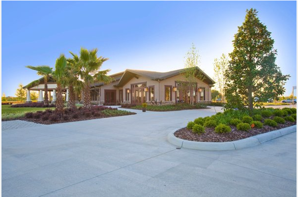 A modern, single-story building with large windows is surrounded by palm trees, neatly landscaped bushes, and a spacious concrete driveway under a clear blue sky at sunset.