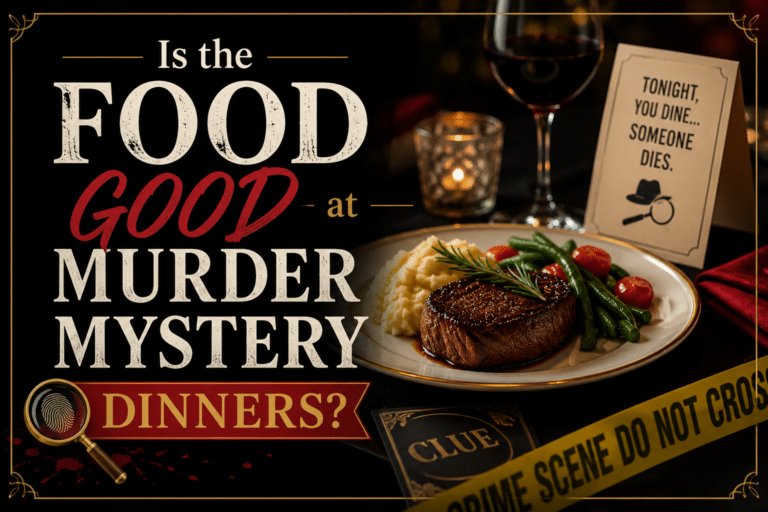 A fancy dinner plate with steak, green beans, and mashed potatoes is set on a table with a wine glass and candle. Yellow crime scene tape and a card reading Tonight, you dine... someone dies. complete the murder mystery theme.