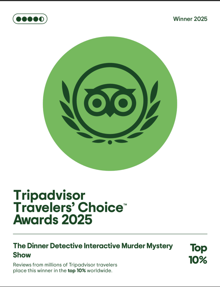 Tripadvisor Travelers’ Choice 2025 badge awarded to The Dinner Detective Interactive Murder Mystery Show for ranking in the top 10% worldwide