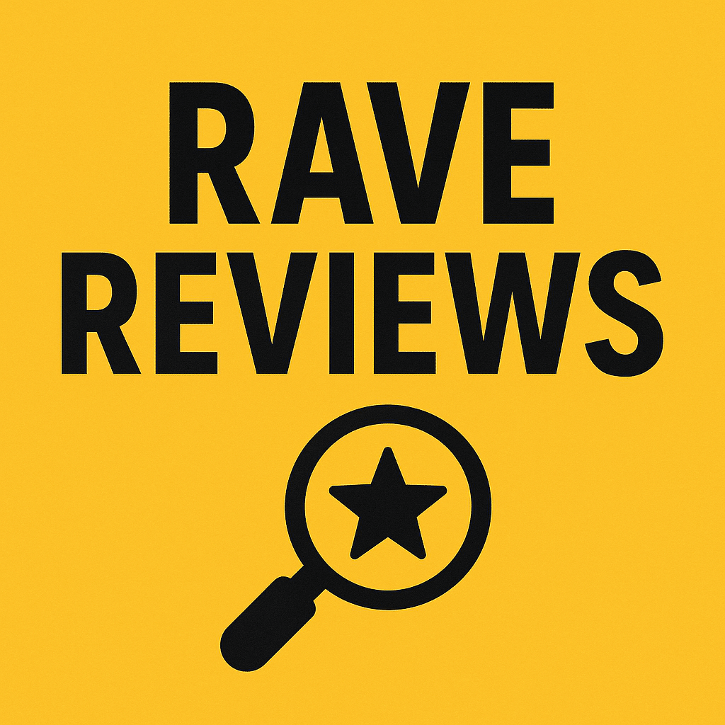 Bold "Rave Reviews" graphic with a magnifying glass and star icon on a yellow background.