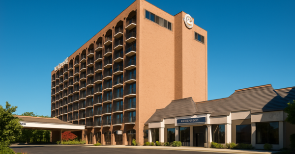 A multi-story hotel with balconies and a tan brick exterior stands next to a single-story entrance with a covered driveway, set against a clear blue sky.