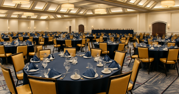 A large banquet hall set up for an event, with round tables covered in dark blue tablecloths, yellow cushioned chairs, and table settings including plates, glasses, and napkins. Warm lighting fills the spacious room.