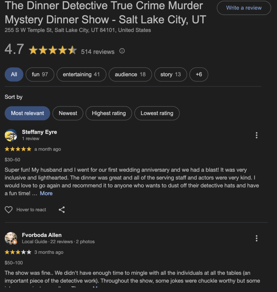 Google reviews for The Dinner Detective Murder Mystery Show in Salt Lake City with guest feedback and a 4.7-star rating.