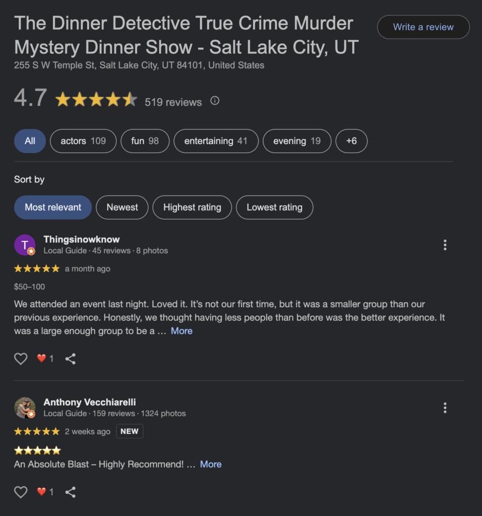 Google reviews showing a 4.7 star rating for The Dinner Detective interactive dinner show in Salt Lake City