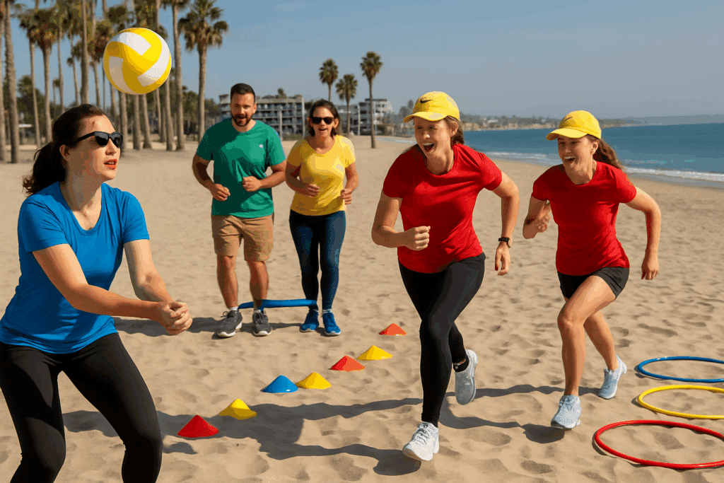 A group of coworkers participating in beach team-building activities, including running drills and volleyball, during a sunny outdoor corporate event in San Diego.