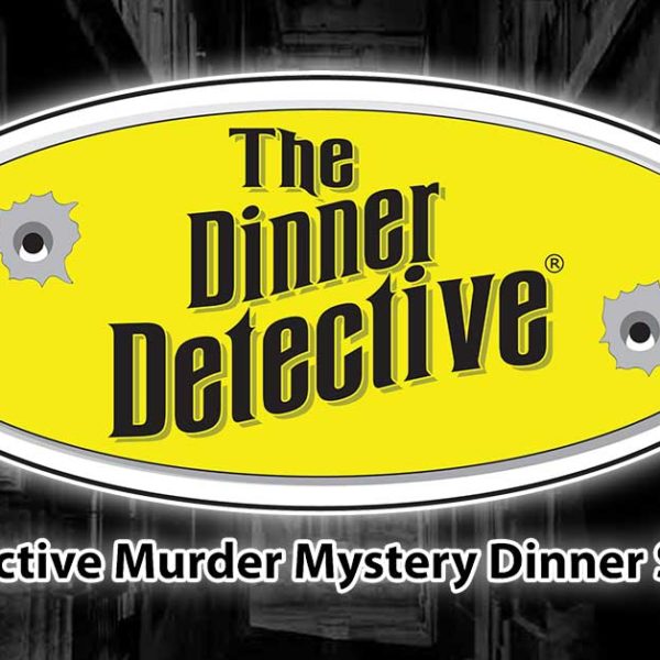 Yellow oval logo with The Dinner Detective in bold black letters and two bullet hole graphics. Below, text reads Interactive Murder Mystery Dinner Show set against a grayscale building interior. Experience the intrigue in Albuquerque, NM, where every dinner is a clue-filled adventure.