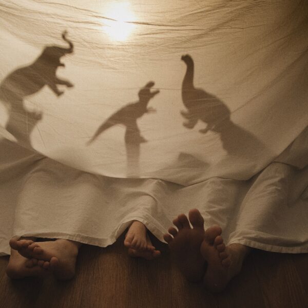 Three pairs of feet peek out from under a sheet, casting shadow puppets of an elephant and two dinosaurs against the fabric. This playful scene evokes the charm of interactive theater, where imagination meets storytelling to create a whimsical atmosphere under soft light.