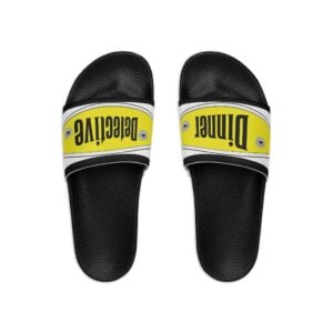 Black Mens Slide Sandals with yellow and white strap accents feature the word Dimmer in a unique, upside-down font. Crafted from textured material, these slides blend comfort and style seamlessly.