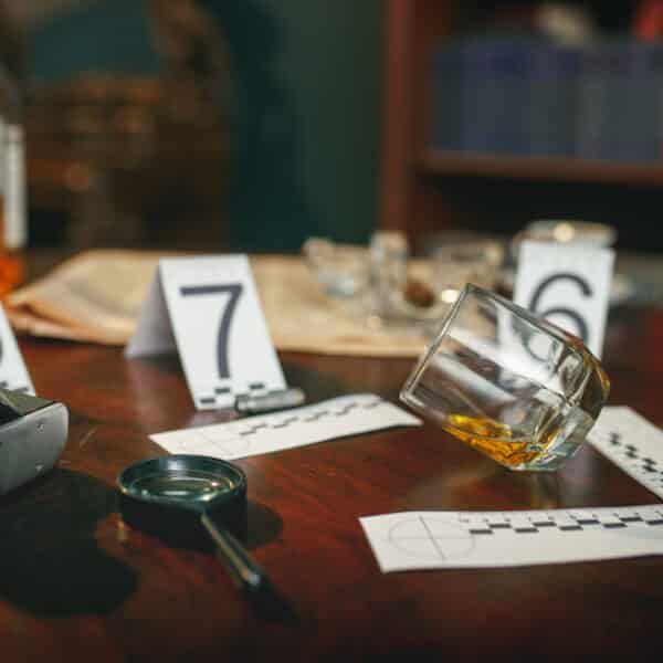 A murder mystery dinner show unfolds on the table, with a fallen whiskey glass beside numbered evidence markers. Nearby, a camera and magnifying glass stand ready. In the blurred background, shelves and scattered papers hint at the secrets waiting to be uncovered.