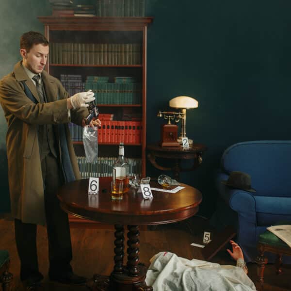 A detective in a brown coat scrutinizes a dagger in a plastic bag, standing over a round table set for a Murder Mystery Dinner. Evidence markers and a whiskey bottle dot the scene. A body lies near the blue sofa, smoke swirling to enhance the enigmatic atmosphere.