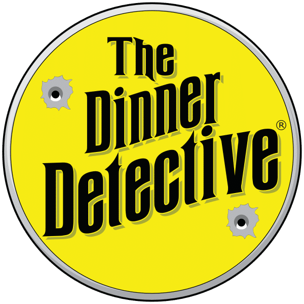 A yellow circular logo prominently displays the bold, black text The Dinner Detective, exuding a thrilling air with its two bullet hole graphics. Outlined by a metallic-looking border, it captures the essence of a true crime murder mystery dinner show.