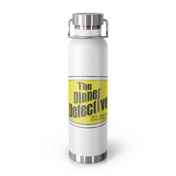 The 22oz Copper Vacuum Insulated Bottle features a sleek silver cap and base, and its striking yellow label with The Dinner Detective printed in bold black adds mystery to your hydration routine.