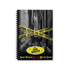 The Spiral Notebook - Ruled Line sports a black and white alleyway scene with yellow Crime Scene Do Not Cross tape. It showcases The Dinner Detective logo, followed by the text: Award Winning Murder Mystery Shows in vibrant yellow and red.