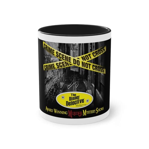 This 11oz Two-Tone Coffee Mug features yellow crime scene tape with CRIME SCENE DO NOT CROSS over a chalk body outline, promoting The Dinner Detective and its award-winning murder mystery shows. Its a quirky must-have for any true crime enthusiasts collection.