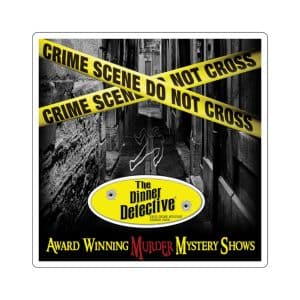 A narrow alley is lined with yellow Crime Scene Do Not Cross tape and outlines of two bodies marked on the ground. Square Stickers featuring The Dinner Detective: Award Winning Murder Mystery Shows logo are scattered around, adding a mysterious flair.