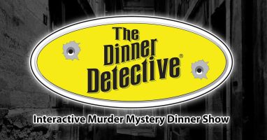 Yellow oval logo with The Dinner Detective in bold black letters and two bullet hole graphics. Below, text reads Interactive Murder Mystery Dinner Show set against a grayscale building interior. Experience the intrigue in Albuquerque, NM, where every dinner is a clue-filled adventure.