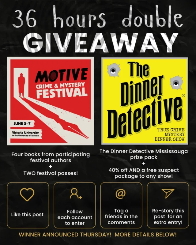 DOUBLE GIVEAWAY ALERT!! 🔎🫆📚🎭

Toronto International Festival of Authors & The Dinner Detective Mississauga have teamed up for an exciting giveaway with TWO amazing prize packages up for grabs!

🫆FESTIVAL PRIZE (TIFA)
Win 4 featured books:
• The Maid’s Secret – Nita Prose
• Frame 37 – Nicolas Shakespeare
• The Couple Next Door: Anniversary Edition – Shari Lapena
• The Chambermaid’s Key – Genevieve Graham
PLUS 2 Festival Passes (June 5–7)!

🎭 DINNER DETECTIVE MISSISSAUGA PRIZE
Win a prize pack including:
• Custom Dinner Detective shot glass, T-shirt, Pen, Tote bag
PLUS 40% off AND a FREE suspect package for any upcoming show! 

⸻

HOW TO ENTER:
• Like this post
• Tag a friend in the comments
• Follow @thedinnerdetectivemississauga for entry into their prize draw
• Follow @festofauthors for entry into their prize draw
• Share to your story for an EXTRA entry!

🏆 Winner will be announced and contacted Thursday!
